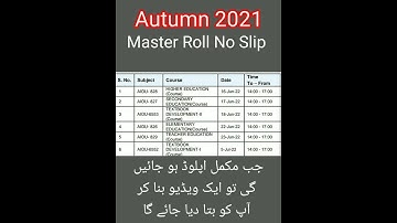 AIOU Master / M.Ed Roll No Slip Autumn 2021 Update / Aiou Autumn 2021 Master Date Sheet Announced
