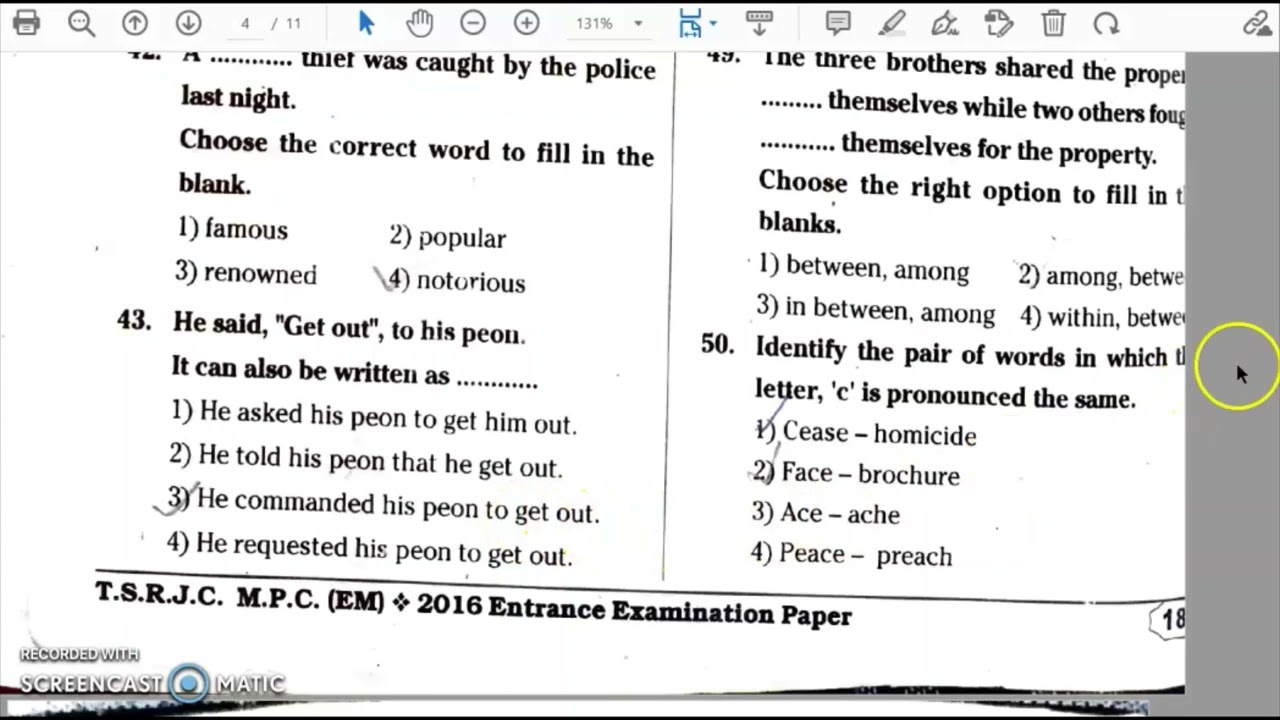 TSRJC ENTRANCE Exam 2016 | TS RJC paper solved | model paper with key || MPC group