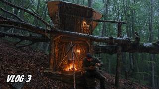 Rainy Solo Overnight in My Two-Level Tree Shelter.