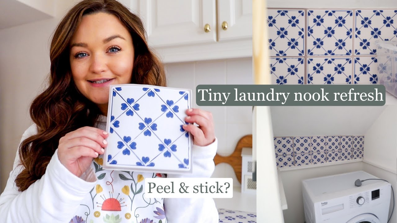 Teeny tiny laundry nook makeover, peel and stick tile Yay or