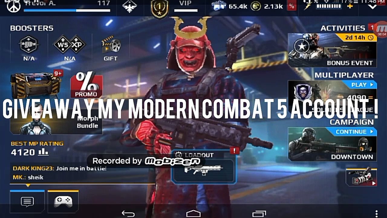 Modern combat 5 account giveaway with 7 prestige weapons.