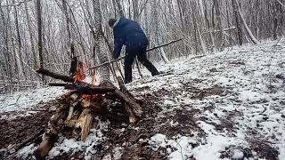 Hiking in the forest.We make a chair in our camp. Bushcraft and survival .