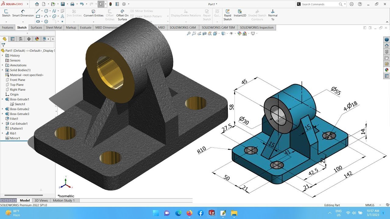 SolidWorks Rib, Mirror, Fillet, Linear Pattern