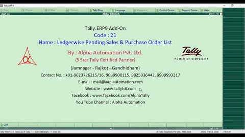 Tally Add On :  Ledgerwise Pending Sales & Purchase Order List in Tally.ERP9 software.