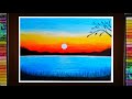 How to draw  easy sunset scenary drawing for beginners with oil pastel  step by step