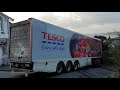 A Tesco articulated lorry gets stuck twice in Swansea, Wales, UK