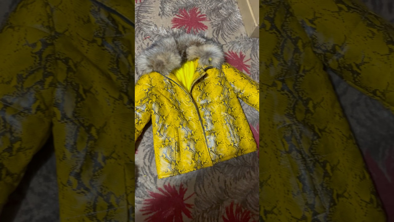 Snake Print Leather puffer jacket with fox fur 