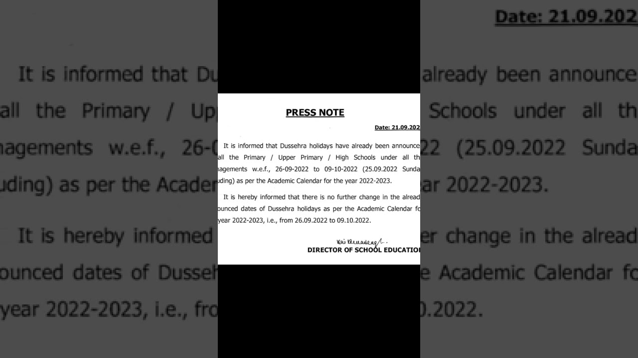 Ts Schools Dussehra Holidays Official Notification Released Dates 26-9-2022/9-10-2022