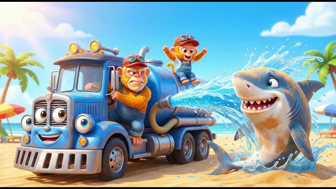 Brave Monki: Epic Water Tanker Mission to Save a Stranded Shark! 🚚🦈 3D Animation Adventure