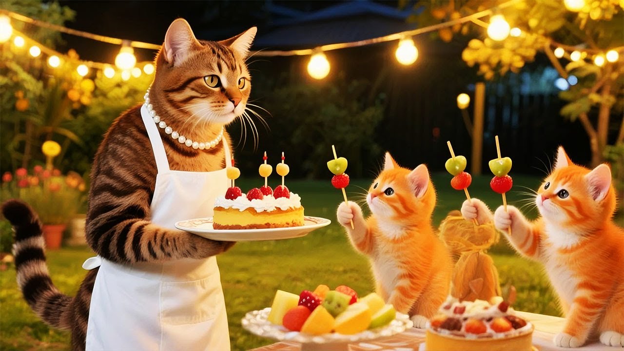 Mama Cat and Kitten Host a Fun Pool Party, Enjoy Food and Relax with Friends All Weekend 🐱🏖️💛