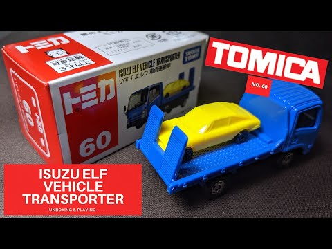 TAKARA TOMY TOMICA MODEL NO. 60 ISUZU ELF VEHICLE TRANSPORTER SCALE 1/64 REVIEW & PLAY CAR TOY