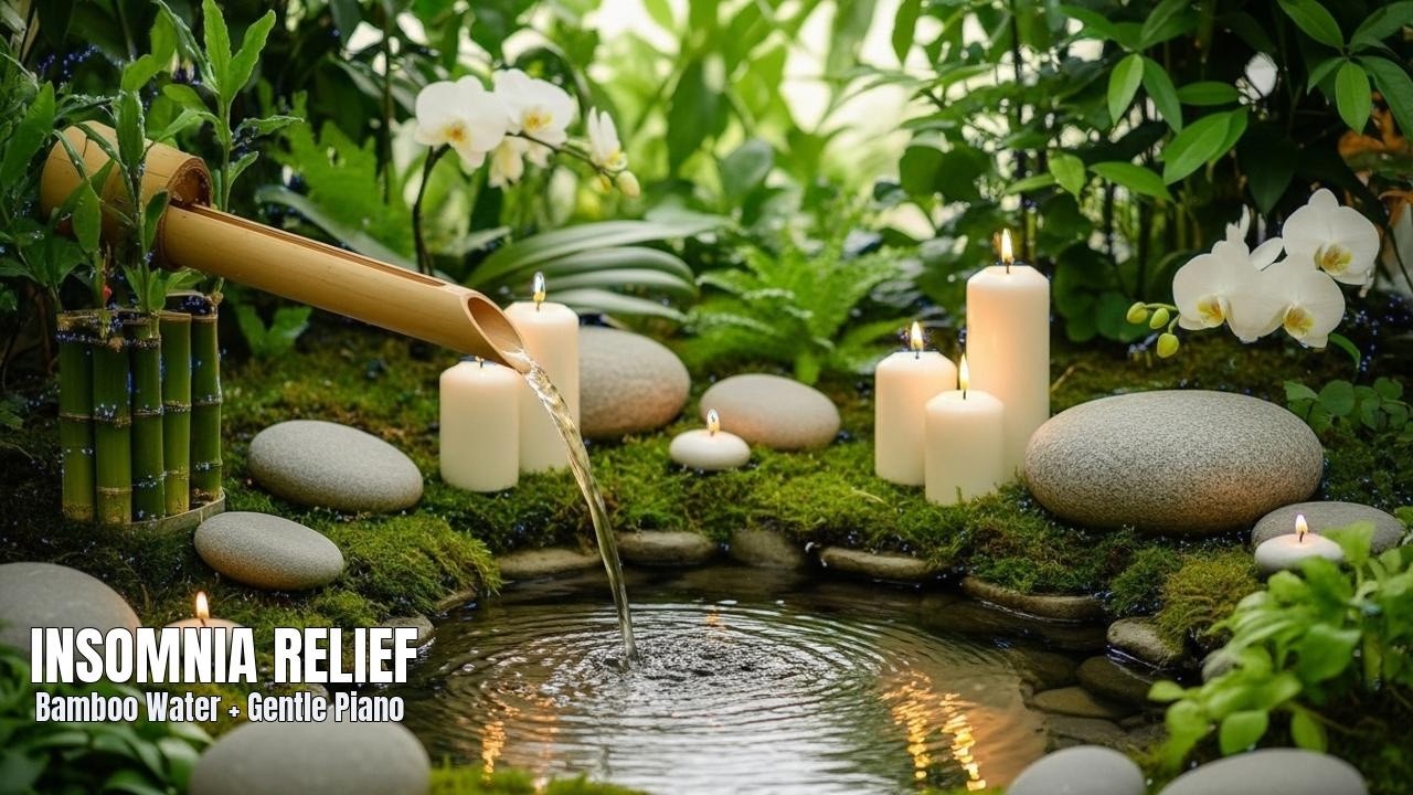 Insomnia Relief: Bamboo Fountain Sounds + Gentle Piano (No Talking) • Live Soundscape
