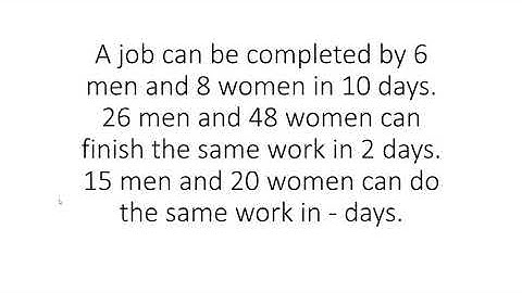 A job can be completed by 6 men and 8 women in 10 days