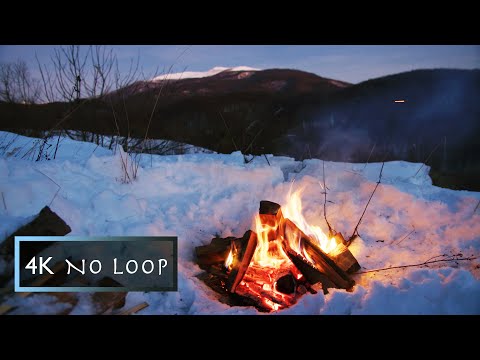 1 hour - NO LOOP | Winter Campfire in the Snowy Mountains at Night 🗻 | Snowy Campfire Ambience | 4K
