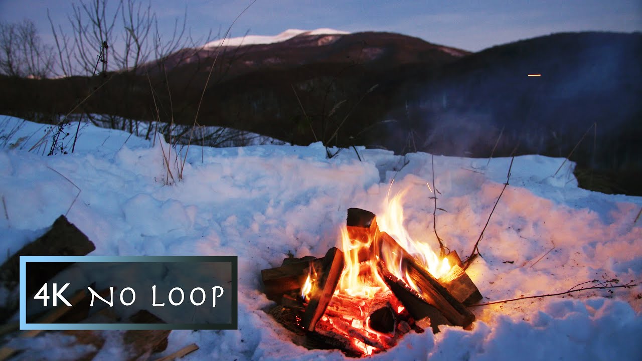 1 hour - NO LOOP | Winter Campfire in the Snowy Mountains at Night 🗻 | Snowy Campfire Ambience | 4K