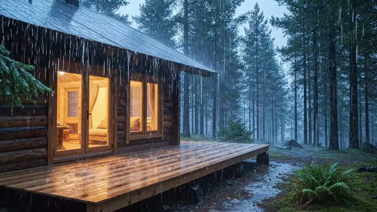 Deep Forest Cabin Rainstorm No Thunder  Sleep & Relax  [1 Hour] | Rain ASMR - Leafy Raindrops