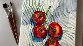 Watercolor Tomatoes on a Phoenix canvas. I paint with a Phoenix pan set and Phoenix brushes. Demo.