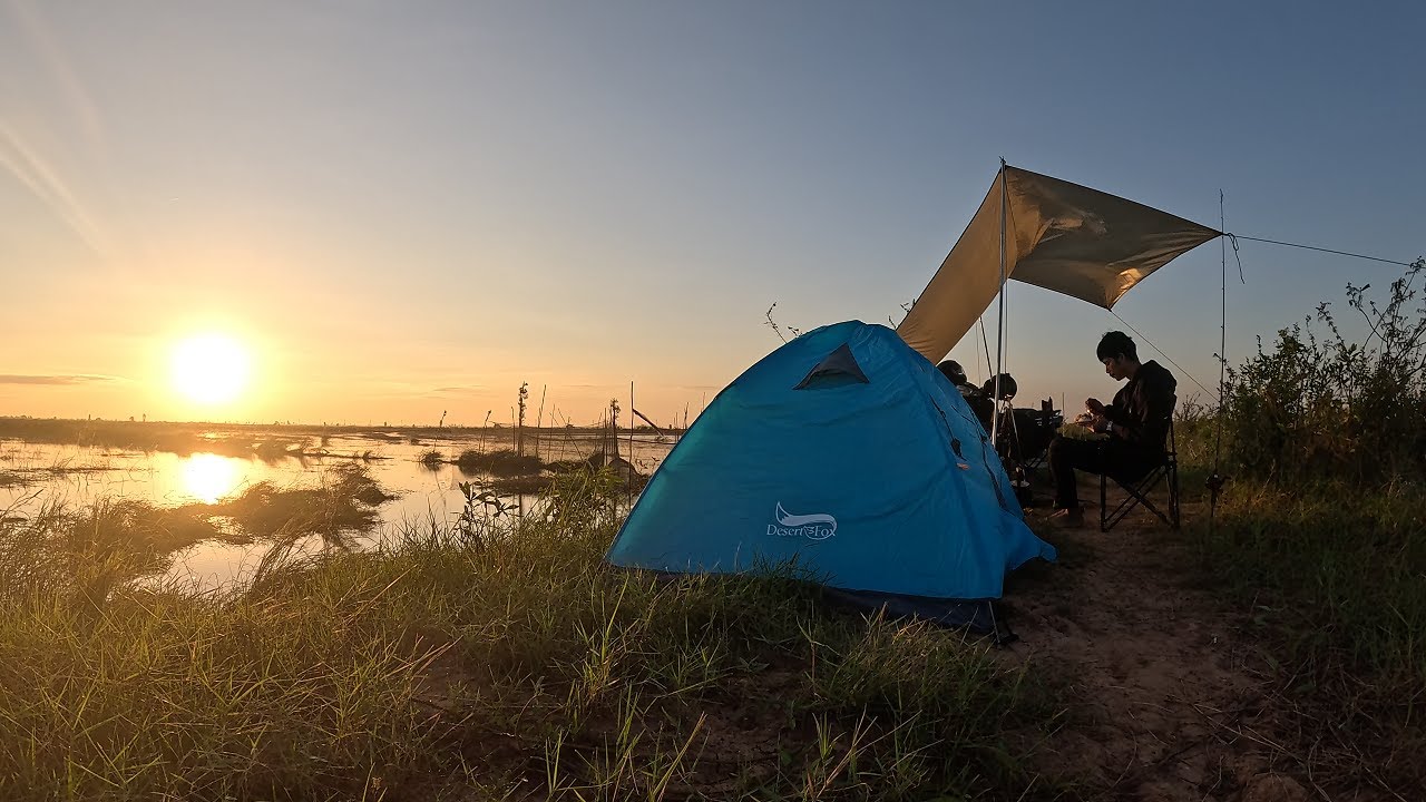 Camping and Fishing In Peaceful Rice Fields of Kampong Thom, Cambodia
