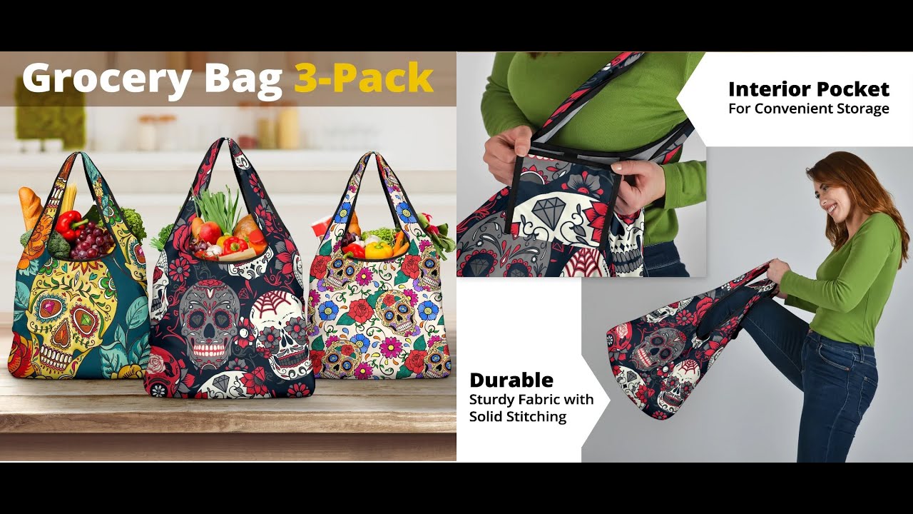 Set of 3pcs Sugar skull Day of the dead grocery bags, skull market bag, sugar skull shouder bag