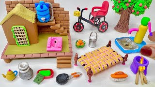 DIY How to make polymer clay miniature Village House, Washroom Set, Kitchen Set, Tree, Charpai