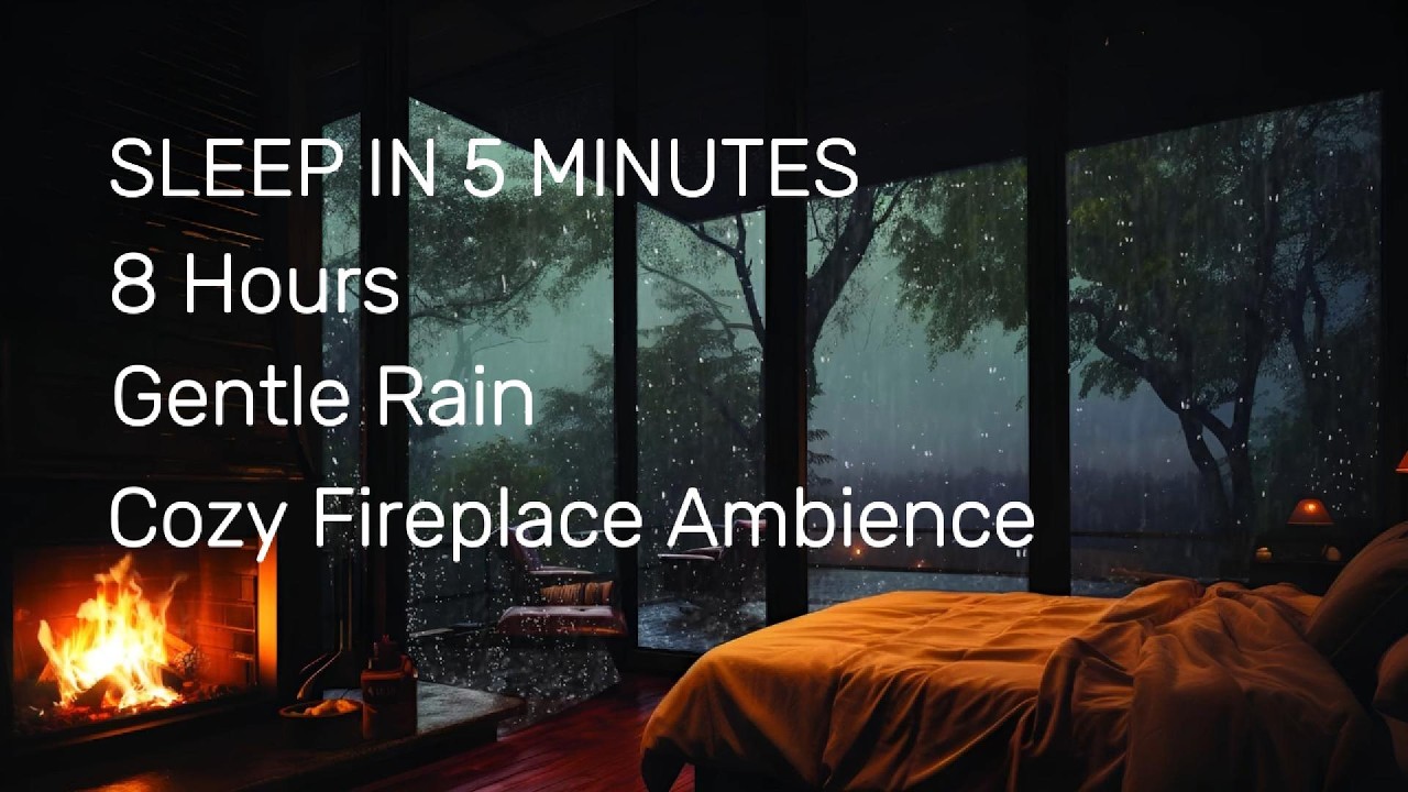 SLEEP IN 5 MINUTES - 8 Hours Gentle Rain & Cozy Bedroom Fireplace Ambience | Black Screen