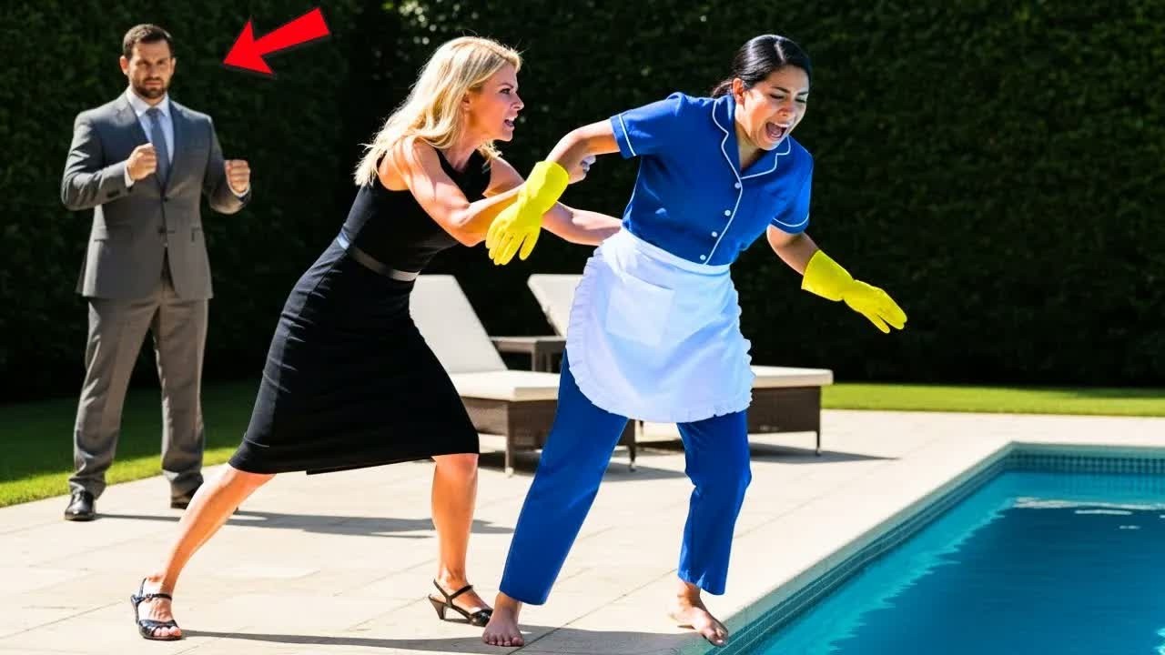 ESPOSA DEL MILLONARIO EMPUJÓ A LA EMPLEADA A LA PISCINA… SIN SABER QUIÉN MIRABA TODO