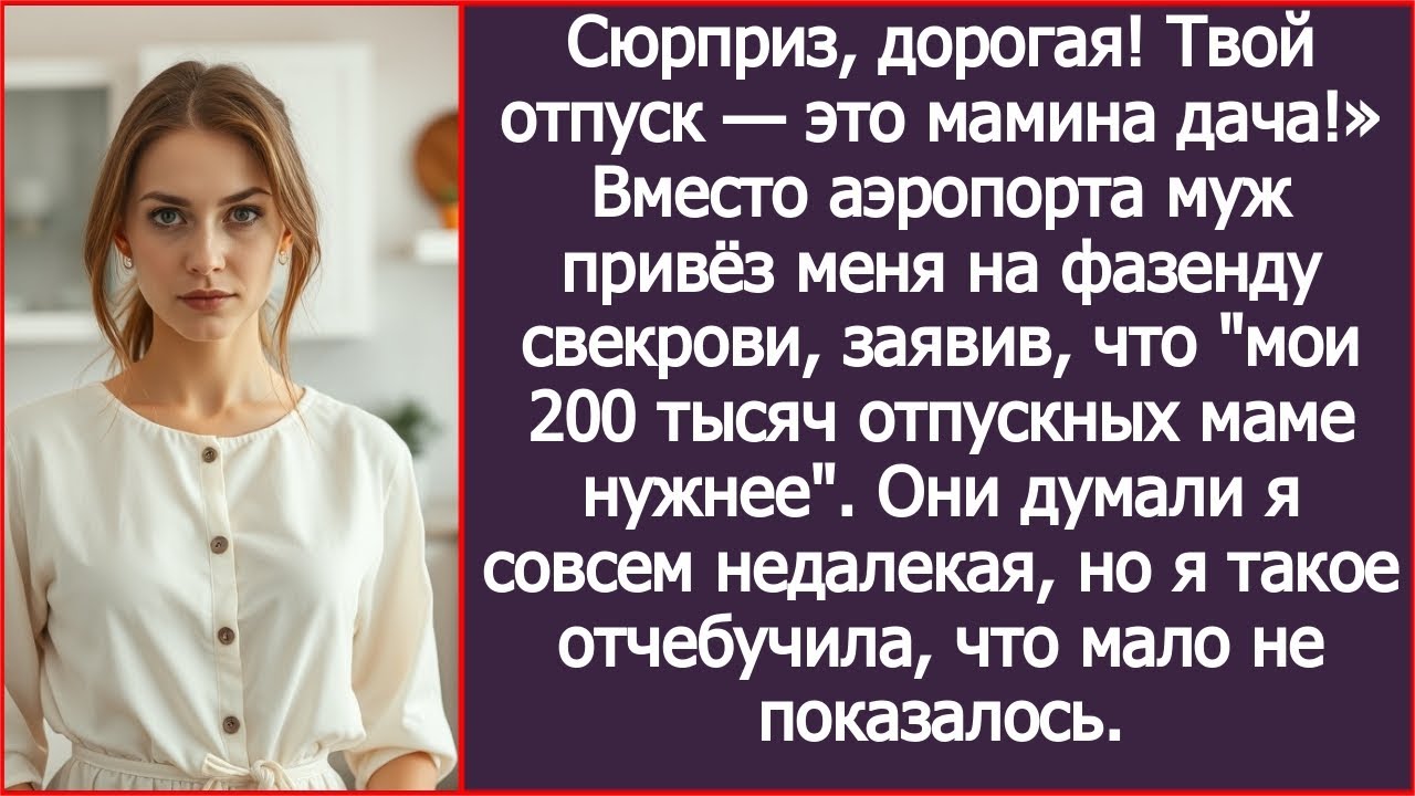 Вместо аэропорта муж привёз меня на фазенду свекрови, заявив что мои 200 тысяч отпускных маме нужнее