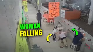 Mother Falls At Market When Daughter Pulls Stool From Under Her