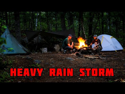 Heavy Rain Storm Camping With Tarp Shelter - Outdoor Cooking - Thunder And Lighting