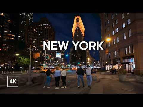 Walking in New York at Night, Manhattan Virtual Tour 4K