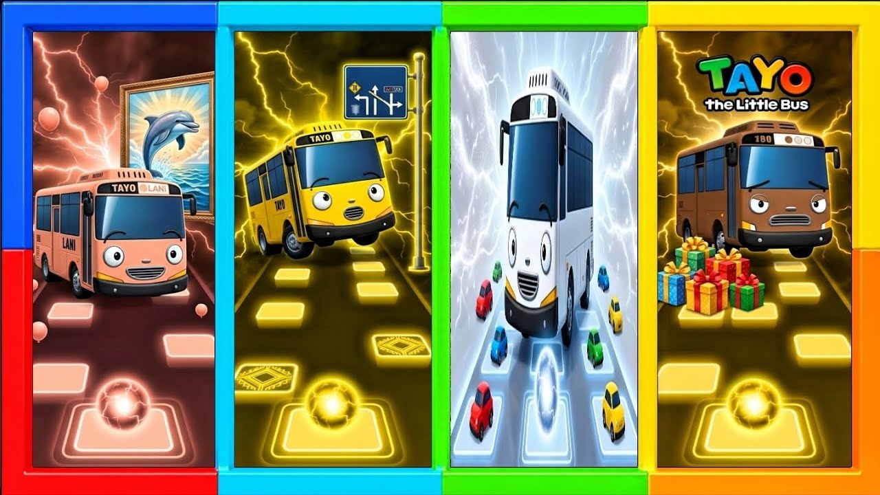 Wony vs Tayo vs Brown Bus vs Peach Bus - Magic Neon Orb Tiles Hop