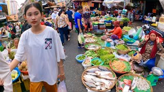 Cambodian street food  Walk tour Orussey market yummy fresh fruit, pork, fish, seafood & more