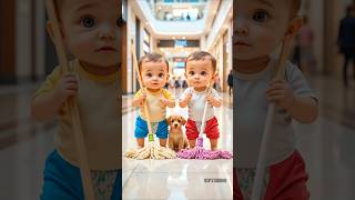 Twin Babies Cleaning the Mall 😂🧹Cutest Little Helpers With Their Puppy #twinkies #babybunny
