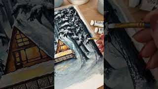 Winter Cabin Painting #art #gouache #shorts