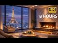 Luxury Fireplace with Snowfall & Paris Night View ❄️🔥 Relaxing 4K Ambience