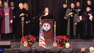 IUP student Amber Leitsch sings National Anthem at December Commencement