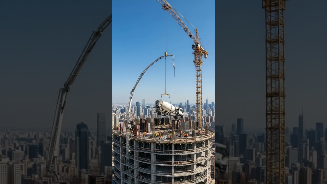 Tower crane at full stretch lifting the massive truck, calm activity below on the scaffolding.
