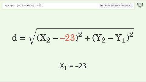 Find the distance between two points p1 (-23,-36) and p2 (-31,-55): Step-by-Step Video Solution