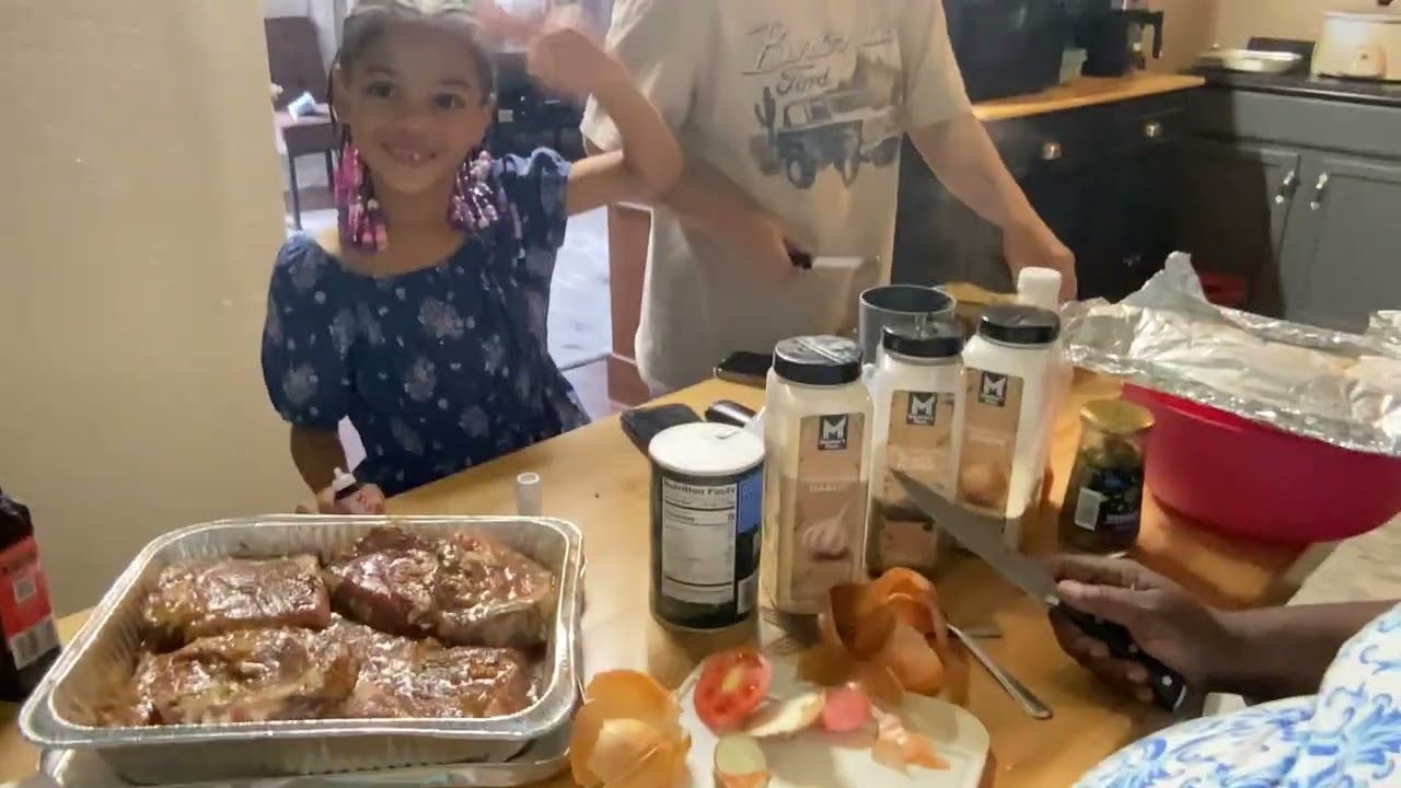 Ribeyes, chicken legs and twice baked potatoes