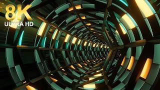 8K Futuristic Geometric Industrial Circular Tunnel with Glowing Orange Lights with Metallic Grid