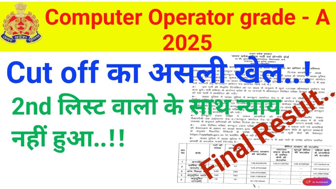 UP Police Computer Operator Grade - A 🔥  FINAL RESULT जारी 🔥Cutoff चौका दिया🔥 Full details..