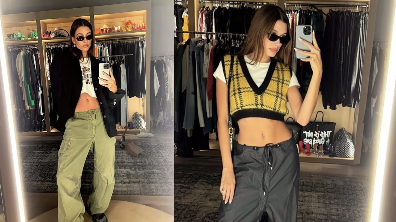 Hailey Bieber Levels Up Her Y2K Style With Oversized Cargo Pants and Crop Top