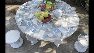 How to make a round table made of cement and ceramic tiles - Creation of cement- @Home Crafts