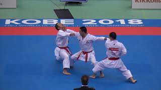 空手道 KARATE FISU 2018 日本代表男子チーム形(本龍二,福田峻也,藤田開土=帝京大学)が雲手(ウンスー)で優勝