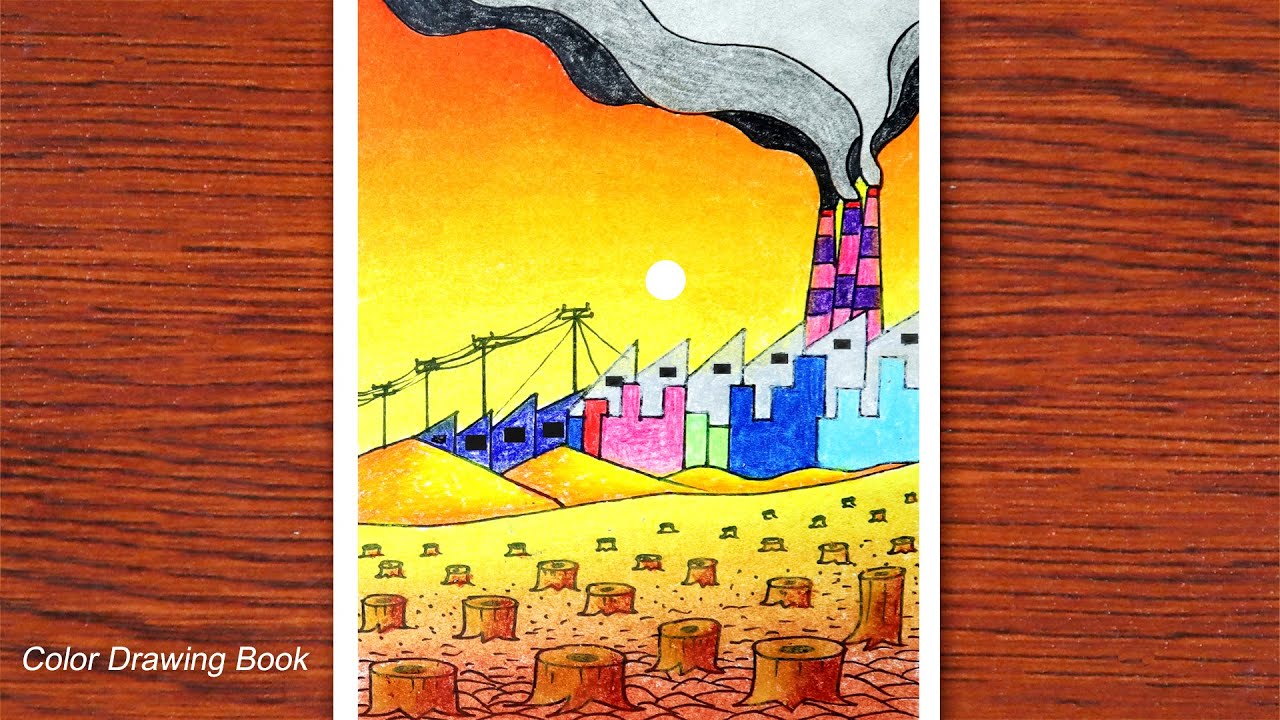 How to draw air pollution scenery, Environment day drawing, Save nature