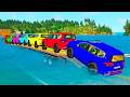 Triple Flatbed Trailer McQueen Transportation with Truck - Speedbumps vs Cars vs Train - BeamNG #98