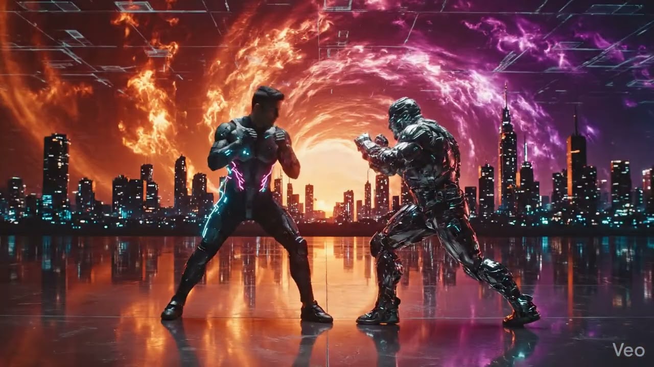 Ai robots fight scene made with gemini veo