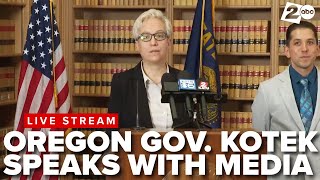 Oregon Governor Kotek talks with media after signing series of consumer protection bills