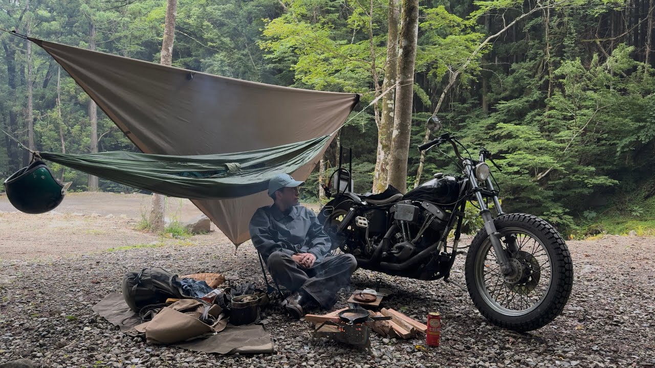 [作業用] [BIKE CAMP ASMR] ショベルヘッド 排気音 焚火 自然の音 睡眠exhaust, bonfire, birds singing, cooking, nature sound