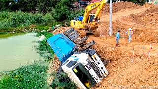 NEW MIX!! Overloaded Dump Truck Fails to Drive Uphill | Assisted by Two Excavators & a Truck